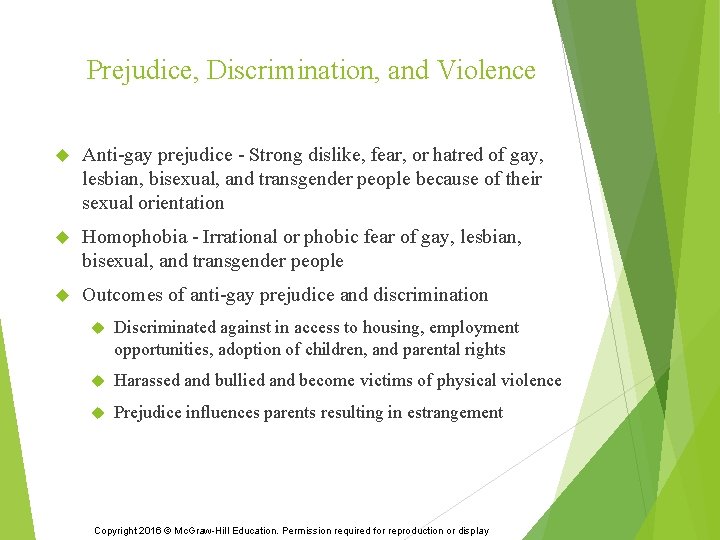 Prejudice, Discrimination, and Violence Anti-gay prejudice - Strong dislike, fear, or hatred of gay,