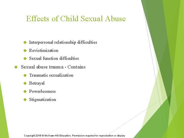 Effects of Child Sexual Abuse Interpersonal relationship difficulties Revictimization Sexual function difficulties Sexual abuse