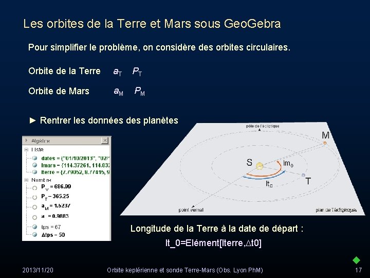 Les orbites de la Terre et Mars sous Geo. Gebra Pour simplifier le problème,