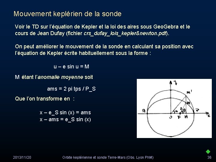 Mouvement keplérien de la sonde Voir le TD sur l’équation de Kepler et la