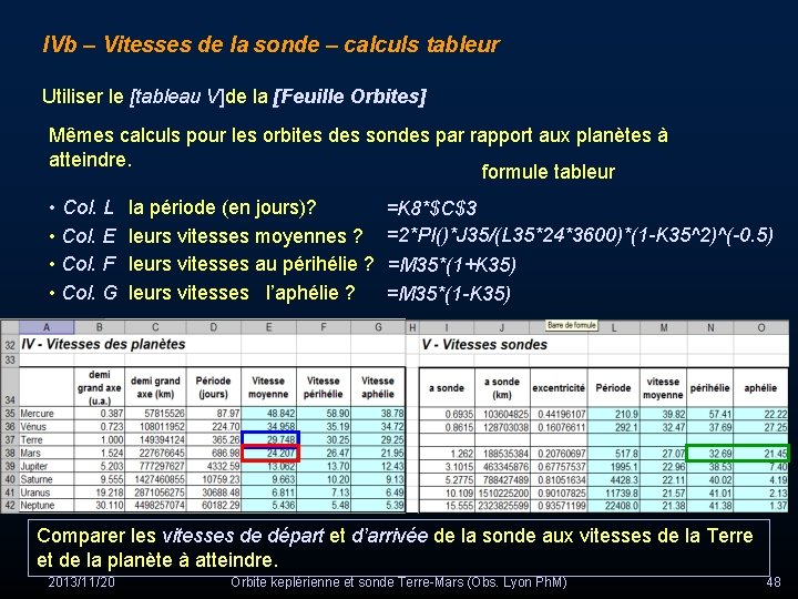 IVb – Vitesses de la sonde – calculs tableur Utiliser le [tableau V]de la