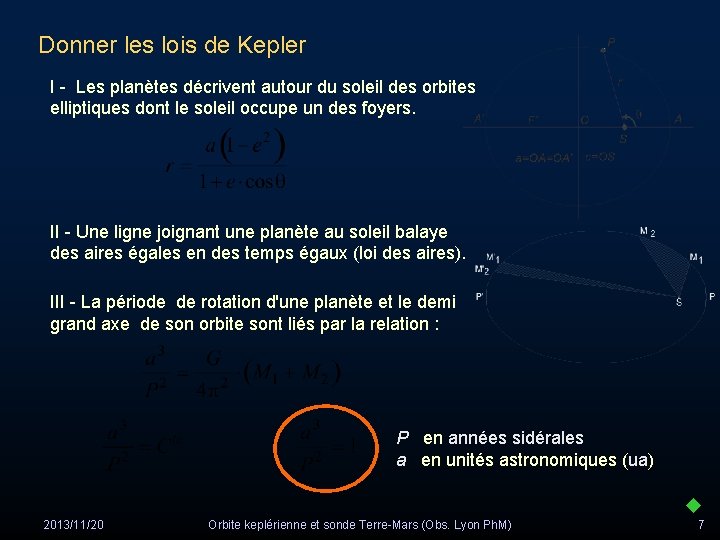 Donner les lois de Kepler I - Les planètes décrivent autour du soleil des