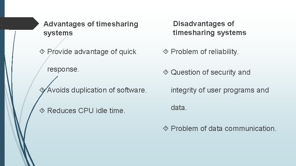 Advantages of timesharing systems Provide advantage of quick response. Disadvantages of timesharing systems Problem
