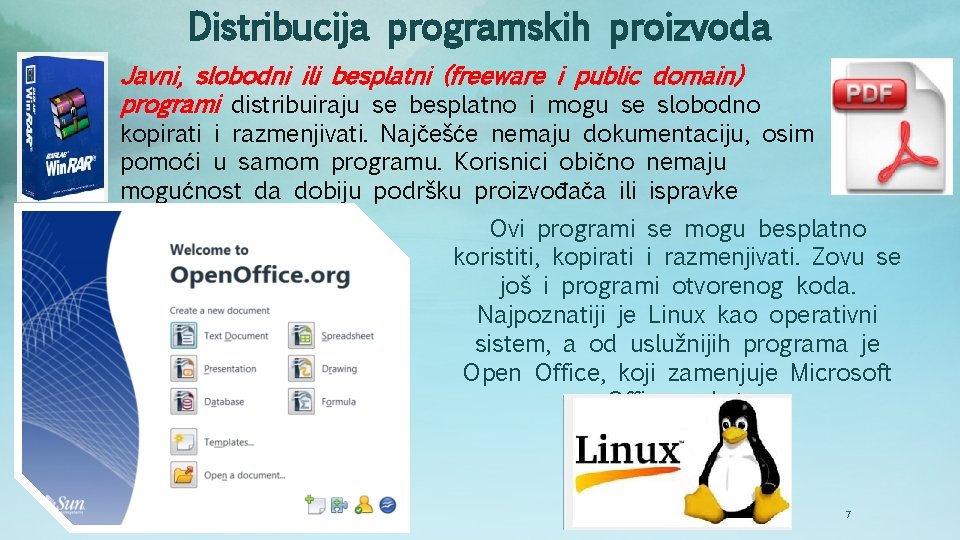 Distribucija programskih proizvoda Javni, slobodni ili besplatni (freeware i public domain) programi distribuiraju se