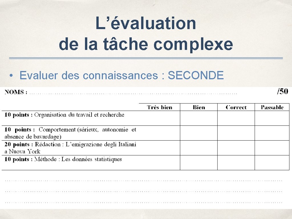 L’évaluation de la tâche complexe • Evaluer des connaissances : SECONDE 