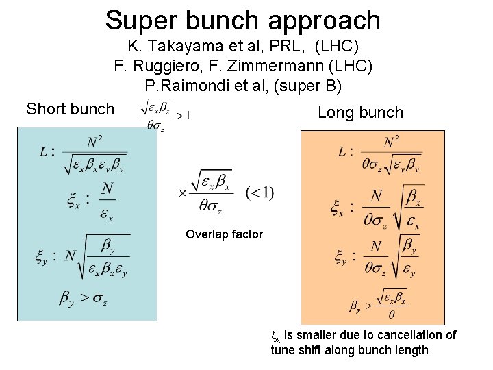 Super bunch approach K. Takayama et al, PRL, (LHC) F. Ruggiero, F. Zimmermann (LHC)