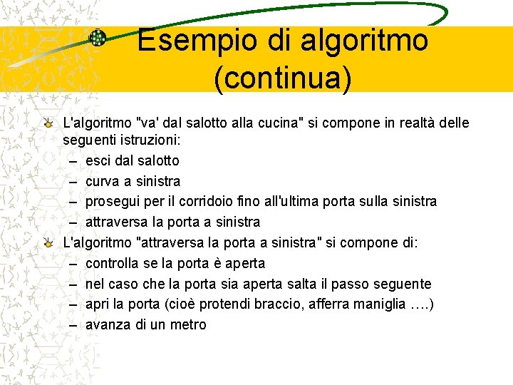 Esempio di algoritmo (continua) L'algoritmo "va' dal salotto alla cucina" si compone in realtà