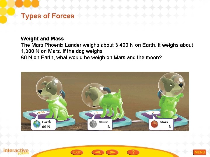 Types of Forces Weight and Mass The Mars Phoenix Lander weighs about 3, 400