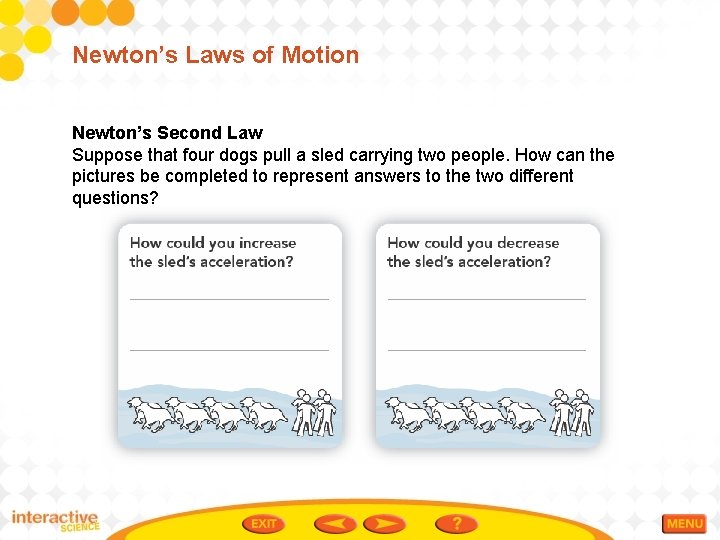 Newton’s Laws of Motion Newton’s Second Law Suppose that four dogs pull a sled