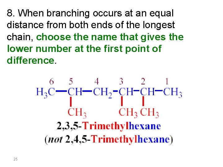8. When branching occurs at an equal distance from both ends of the longest