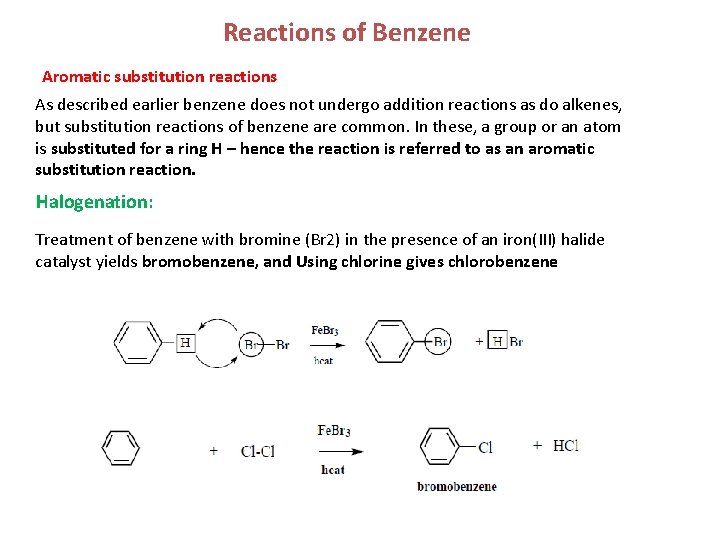 Reactions of Benzene Aromatic substitution reactions As described earlier benzene does not undergo addition