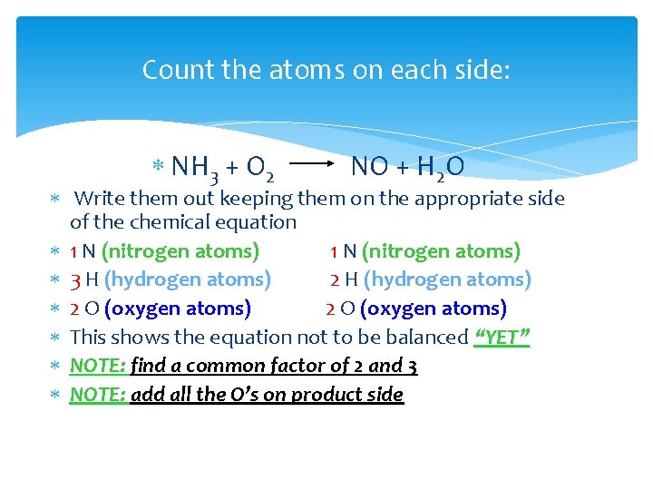 Count the atoms on each side: NH 3 + O 2 NO + H