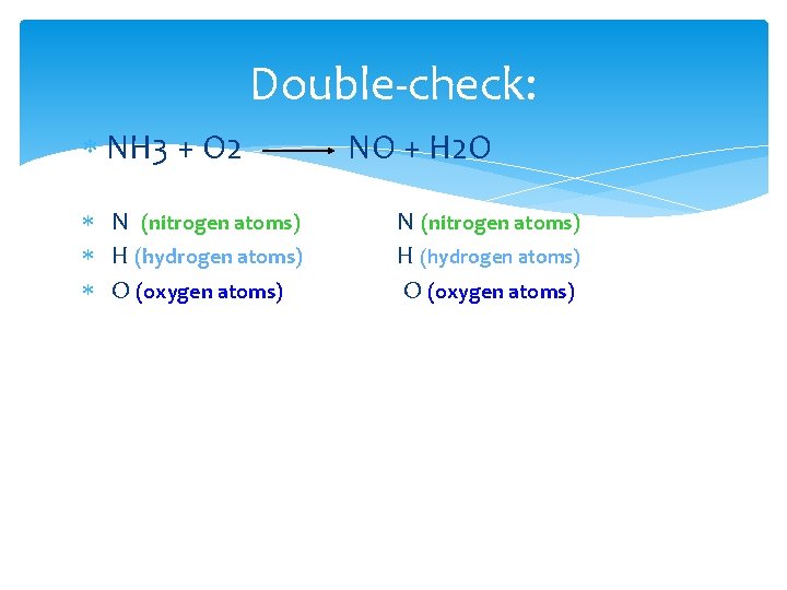 Double-check: NH 3 + O 2 N (nitrogen atoms) H (hydrogen atoms) O (oxygen