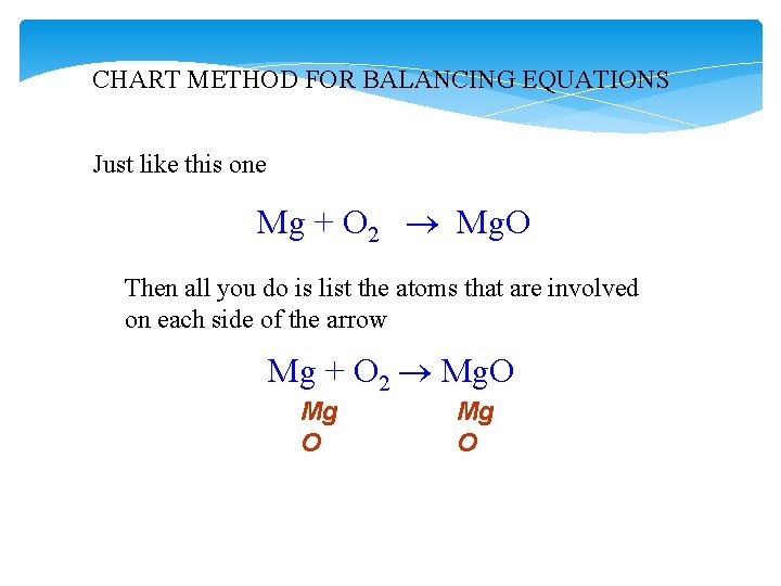 CHART METHOD FOR BALANCING EQUATIONS Just like this one Mg + O 2 Mg.