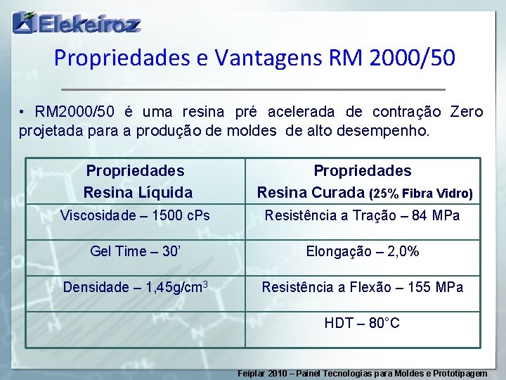 Propriedades e Vantagens RM 2000/50 • RM 2000/50 é uma resina pré acelerada de