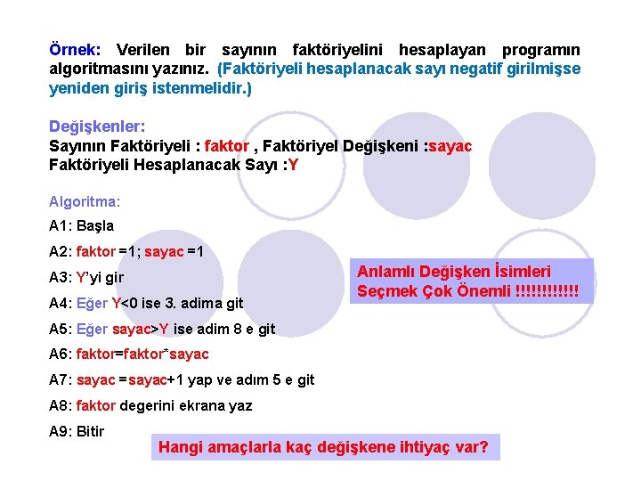 Örnek: Verilen bir sayının faktöriyelini hesaplayan programın algoritmasını yazınız. (Faktöriyeli hesaplanacak sayı negatif girilmişse