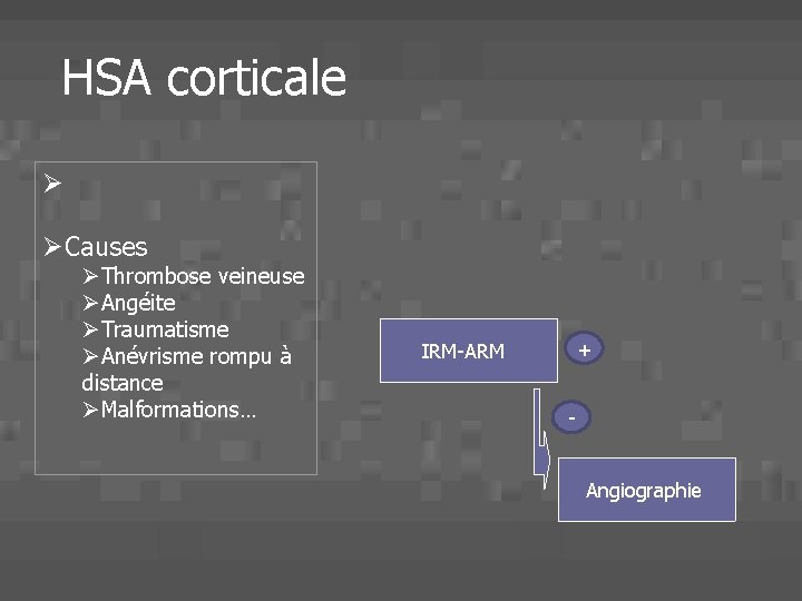 HSA corticale Ø ØCauses ØThrombose veineuse ØAngéite ØTraumatisme ØAnévrisme rompu à distance ØMalformations… +