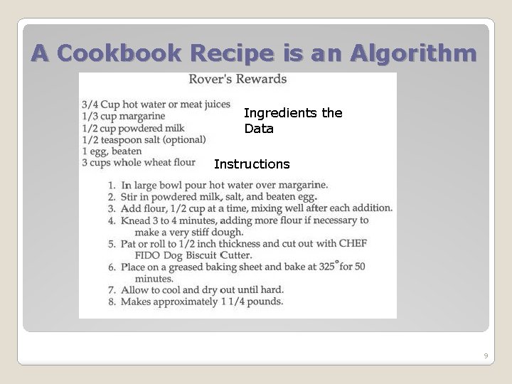 A Cookbook Recipe is an Algorithm Ingredients the Data Instructions 9 