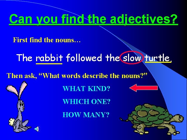 Can you find the adjectives? First find the nouns… The rabbit followed the slow