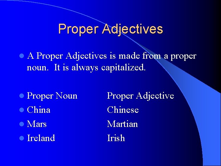 Proper Adjectives l. A Proper Adjectives is made from a proper noun. It is