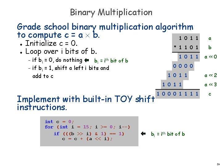 Binary Multiplication Grade school binary multiplication algorithm to compute c = a b. 1 Binary Multiplication Grade school binary multiplication algorithm to compute c = a b. 1