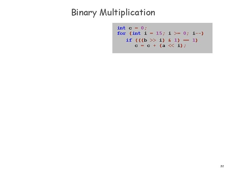 Binary Multiplication int c = 0; for (int i = 15; i >= 0;