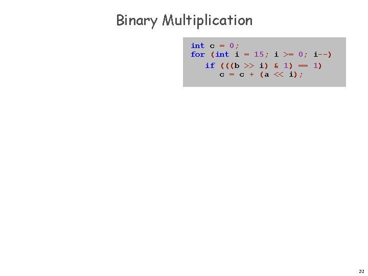 Binary Multiplication int c = 0; for (int i = 15; i >= 0; Binary Multiplication int c = 0; for (int i = 15; i >= 0;