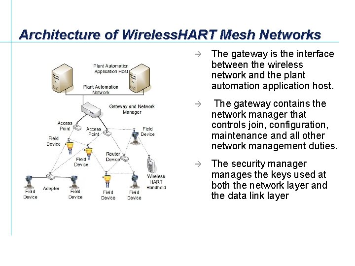Architecture of Wireless. HART Mesh Networks à The gateway is the interface between the