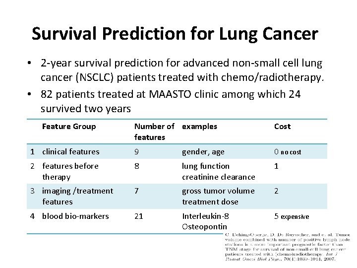 Survival Prediction for Lung Cancer • 2 -year survival prediction for advanced non-small cell