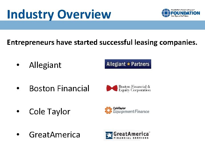 Industry Overview Entrepreneurs have started successful leasing companies. • Allegiant • Boston Financial •