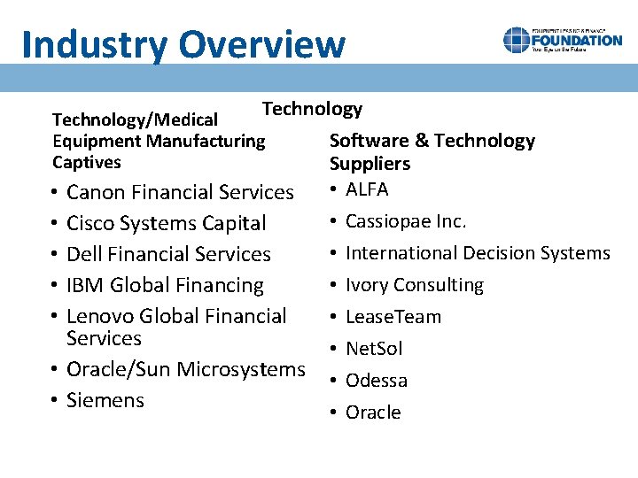 Industry Overview Technology/Medical Equipment Manufacturing Captives Canon Financial Services Cisco Systems Capital Dell Financial