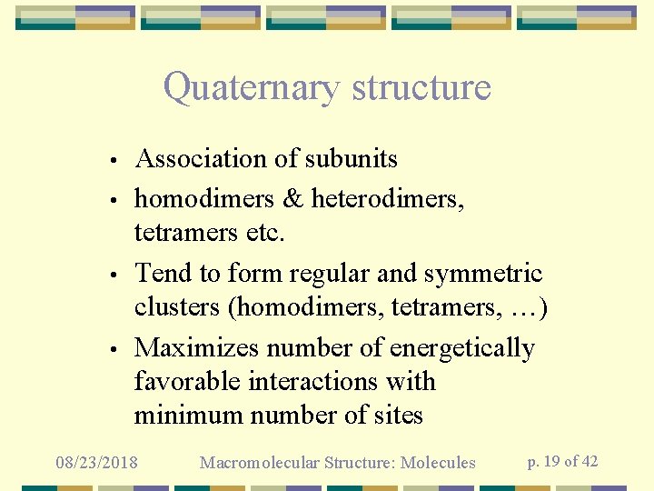 Quaternary structure • • Association of subunits homodimers & heterodimers, tetramers etc. Tend to