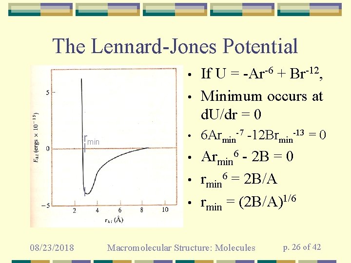 The Lennard-Jones Potential • If U = -Ar-6 + Br-12, Minimum occurs at d.