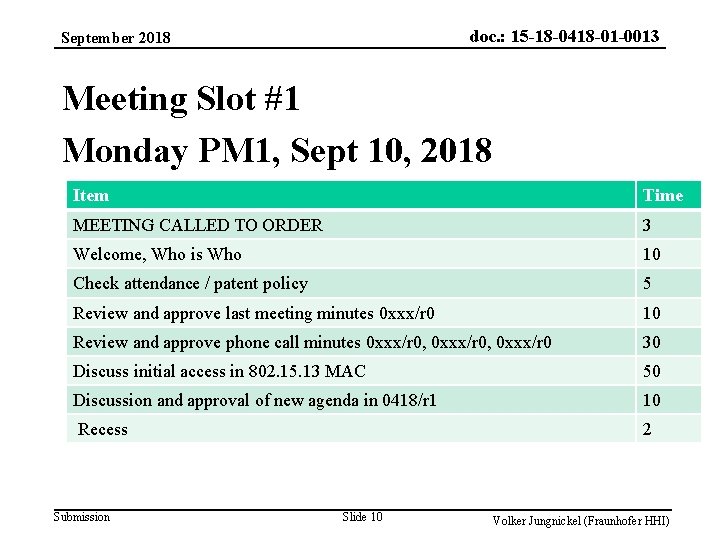 doc. : 15 -18 -0418 -01 -0013 September 2018 Meeting Slot #1 Monday PM