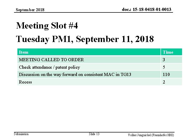 doc. : 15 -18 -0418 -01 -0013 September 2018 Meeting Slot #4 Tuesday PM