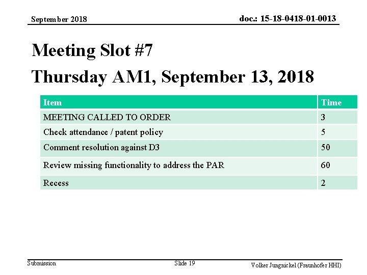 doc. : 15 -18 -0418 -01 -0013 September 2018 Meeting Slot #7 Thursday AM