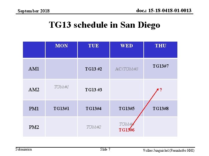 doc. : 15 -18 -0418 -01 -0013 September 2018 TG 13 schedule in San
