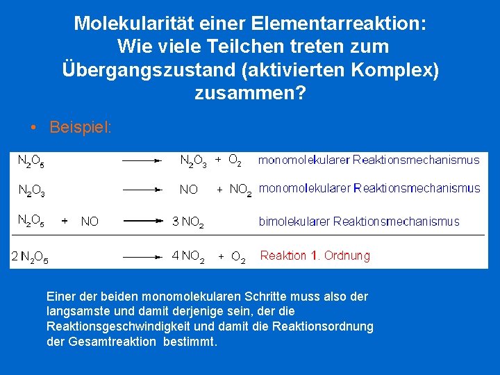 Molekularität einer Elementarreaktion: Wie viele Teilchen treten zum Übergangszustand (aktivierten Komplex) zusammen? • Beispiel: