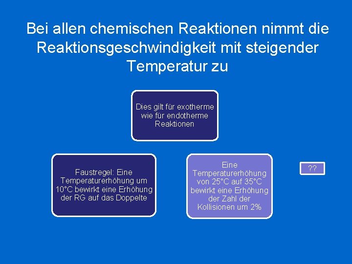 Bei allen chemischen Reaktionen nimmt die Reaktionsgeschwindigkeit mit steigender Temperatur zu Dies gilt für