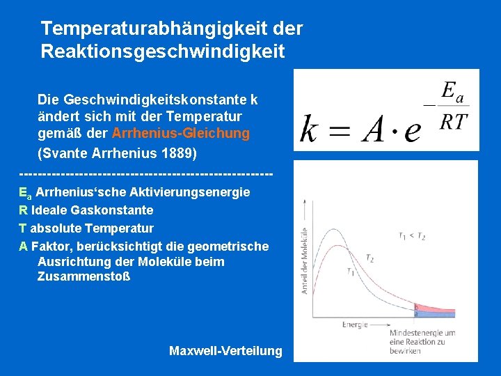 Temperaturabhängigkeit der Reaktionsgeschwindigkeit Die Geschwindigkeitskonstante k ändert sich mit der Temperatur gemäß der Arrhenius-Gleichung