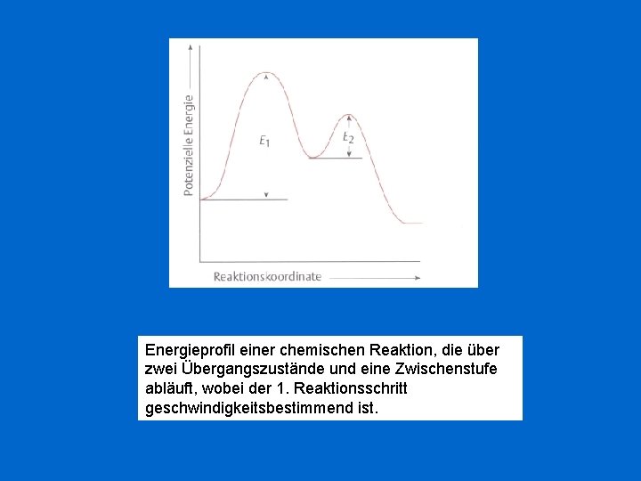 Energieprofil einer chemischen Reaktion, die über zwei Übergangszustände und eine Zwischenstufe abläuft, wobei der