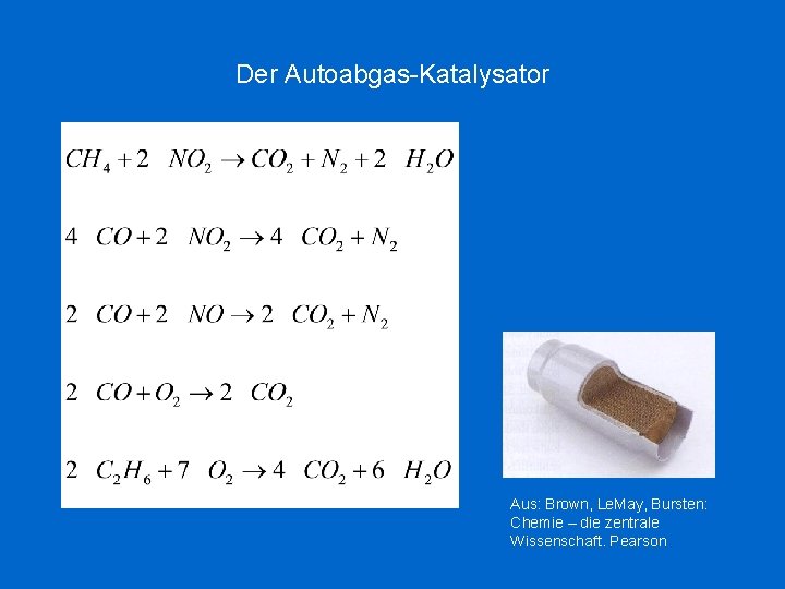 Der Autoabgas-Katalysator Aus: Brown, Le. May, Bursten: Chemie – die zentrale Wissenschaft. Pearson 