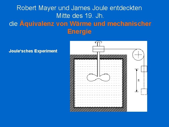 Robert Mayer und James Joule entdeckten Mitte des 19. Jh. die Äquivalenz von Wärme