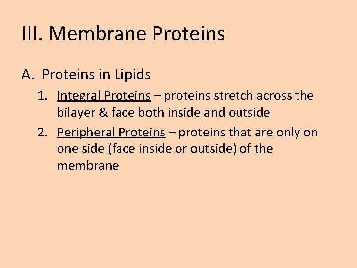 III. Membrane Proteins A. Proteins in Lipids 1. Integral Proteins – proteins stretch across