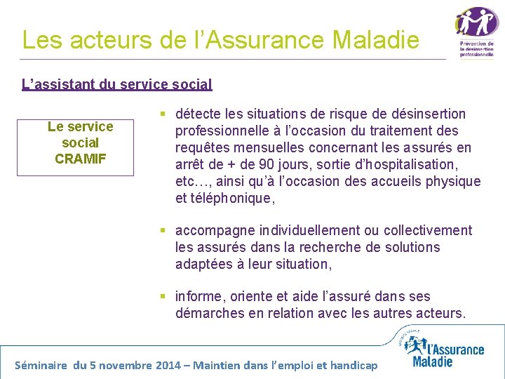 Les acteurs de l’Assurance Maladie L’assistant du service social Le service social CRAMIF §