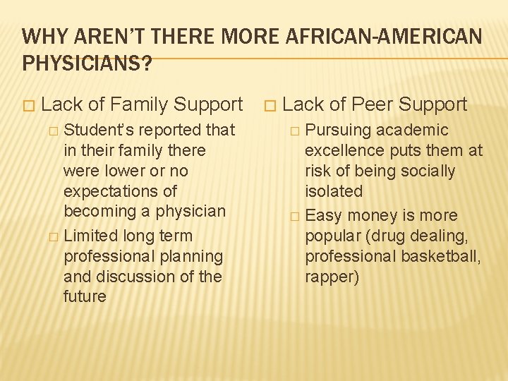 WHY AREN’T THERE MORE AFRICAN-AMERICAN PHYSICIANS? � Lack of Family Support Student’s reported that