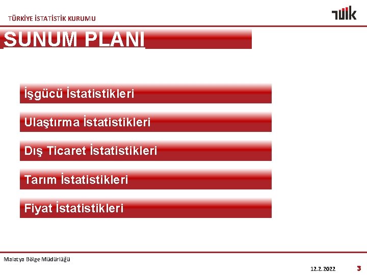 TÜRKİYE İSTATİSTİK KURUMU SUNUM PLANI İşgücü İstatistikleri Ulaştırma İstatistikleri Dış Ticaret İstatistikleri Tarım İstatistikleri