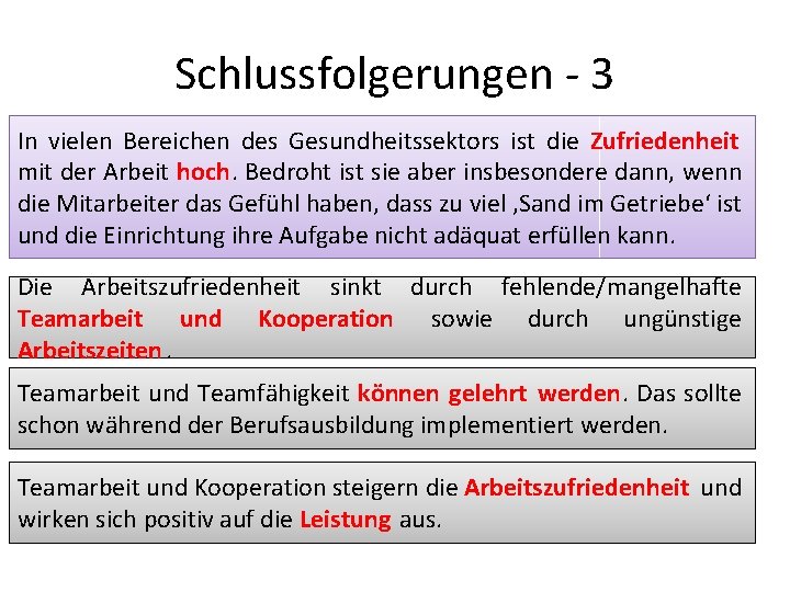 Schlussfolgerungen - 3 In vielen Bereichen des Gesundheitssektors ist die Zufriedenheit mit der Arbeit