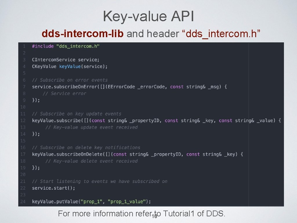 Key-value API dds-intercom-lib and header “dds_intercom. h” For more information refer 10 to Tutorial