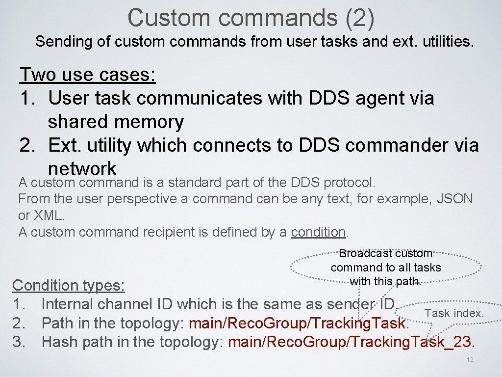 Custom commands (2) Sending of custom commands from user tasks and ext. utilities. Two